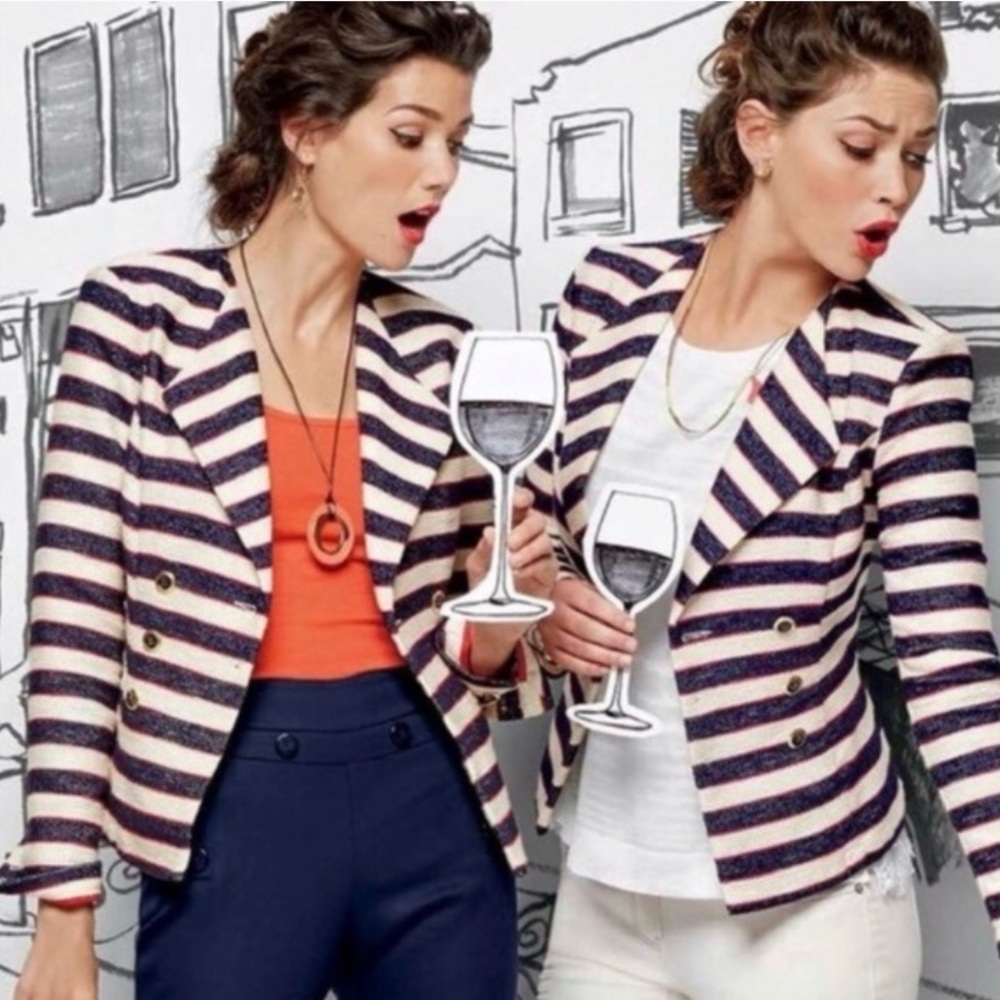 Cabi Navy cream Nautical Striped tweed blazer Jacket lady jacket beach preppy 6